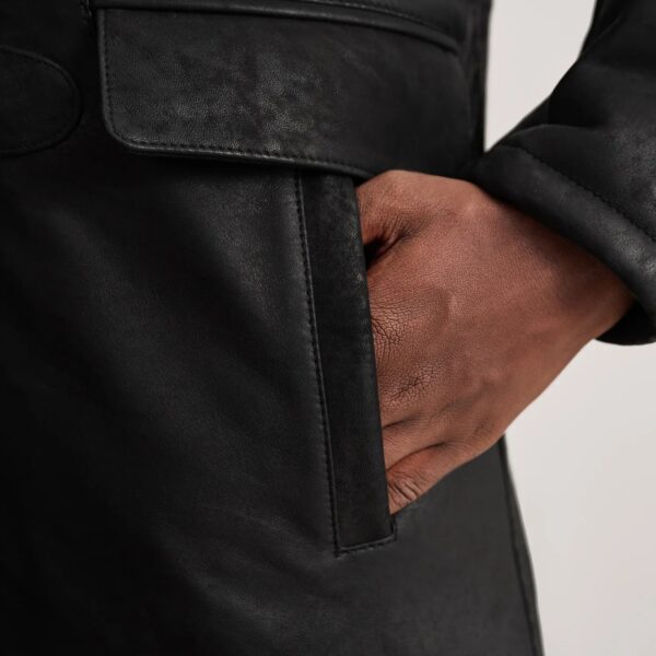 Nolan Distressed Black Leather Duffle Coat - Image 6