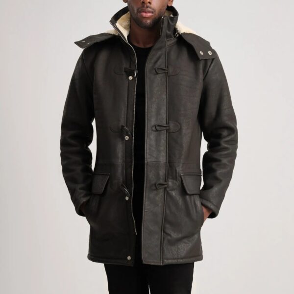 Nolan Tumbled Brown Leather Duffle Coat - Image 4