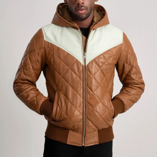 Norman Tan Hooded Bomber Leather Puffer Jacket - Image 4
