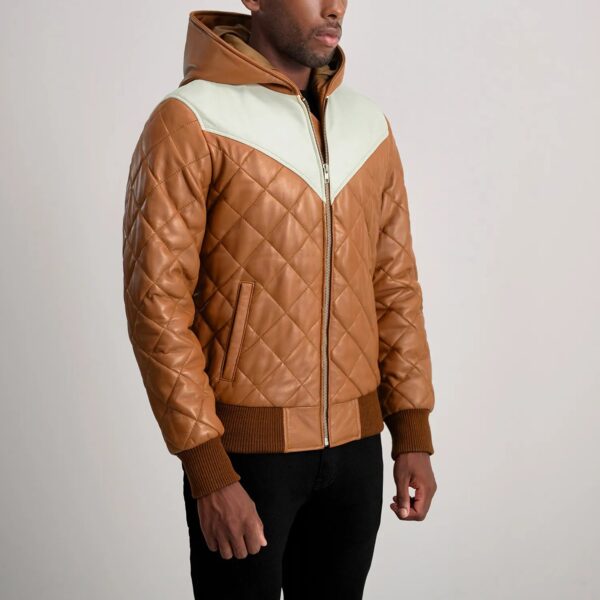 Norman Tan Hooded Bomber Leather Puffer Jacket - Image 2