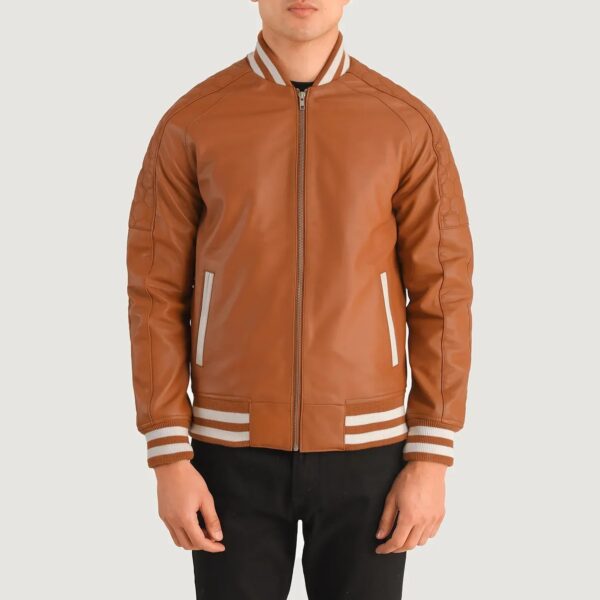 Pascal Tan Brown Leather Varsity Jacket - Image 4