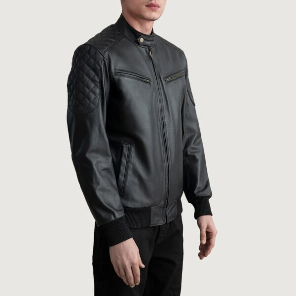 Sven Black Leather Bomber Jacket - Image 2