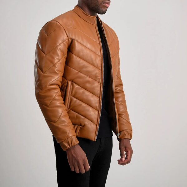 Travis Tan Leather Puffer Jacket - Image 2