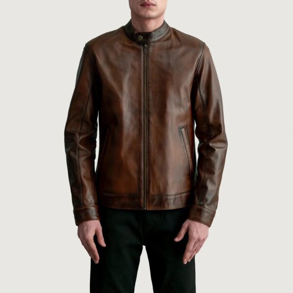 Zen Distressed Brown Leather Biker Jacket - Image 3
