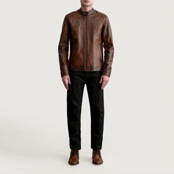 Zen Distressed Brown Leather Biker Jacket - Image 4