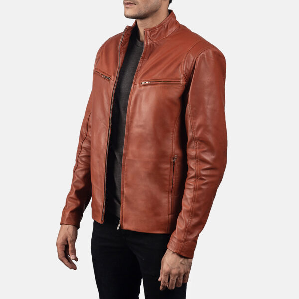 Ionic Tan Brown Leather Biker Jacket - Image 2