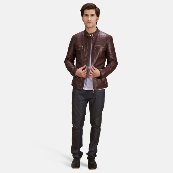 Urbane Quilted Maroon Leather Biker Jacket - Image 4