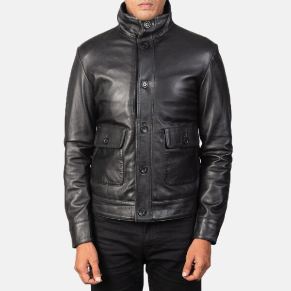 Columbus Black Leather Bomber Jacket - Image 3