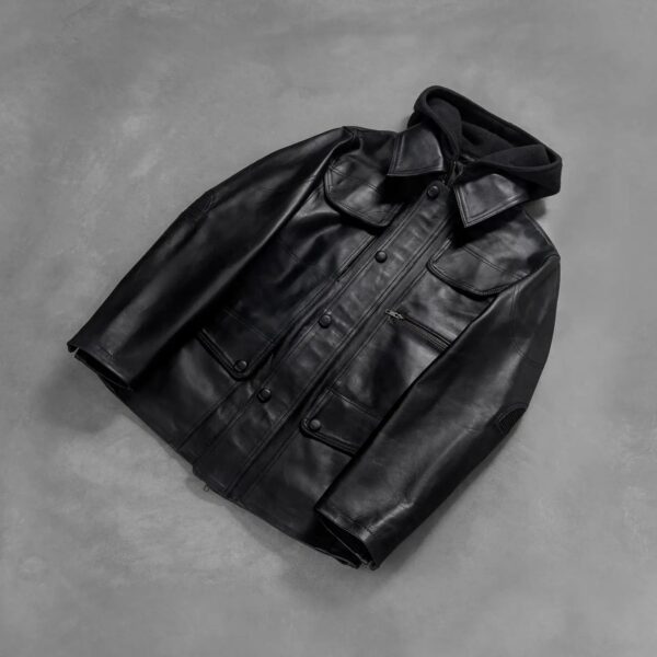 Moulder Hooded Black Leather Jacket - Image 8