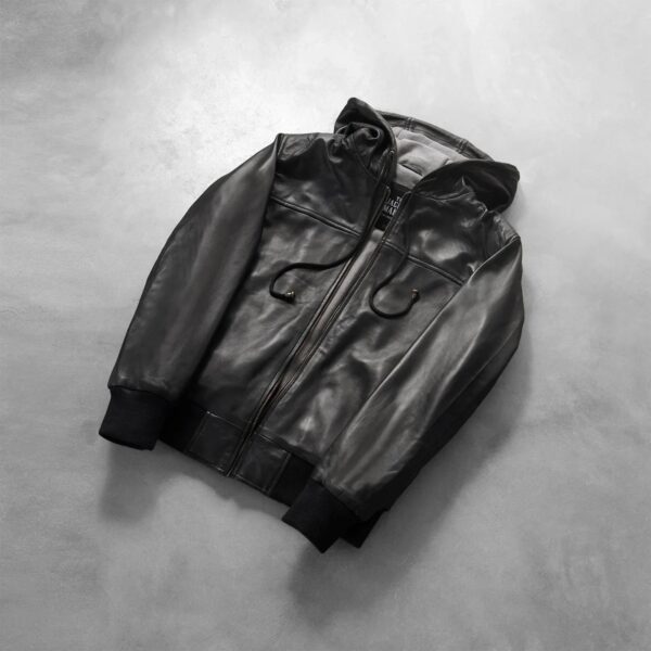Nintenzo Black Hooded Leather Bomber Jacket - Image 7