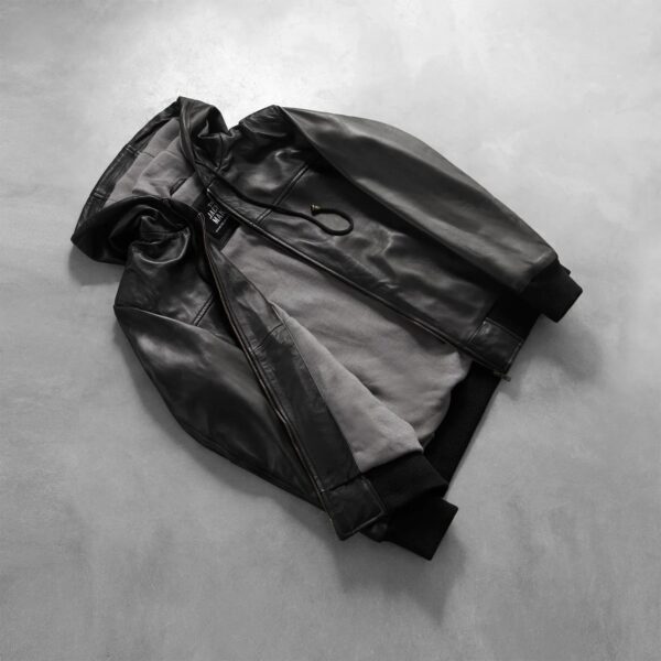 Nintenzo Black Hooded Leather Bomber Jacket - Image 8