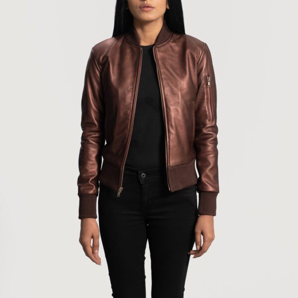 Reida Maroon Leather Bomber Jacket - Image 2