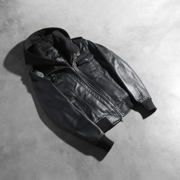 Roslyn Black Hooded Leather Bomber Jacket - Image 7