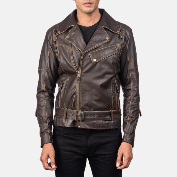 Vincent Brown Leather Biker Jacket - Image 3