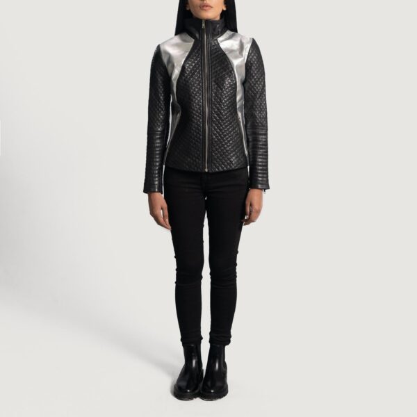Alia Metallic Black Leather Biker Jacket - Image 4