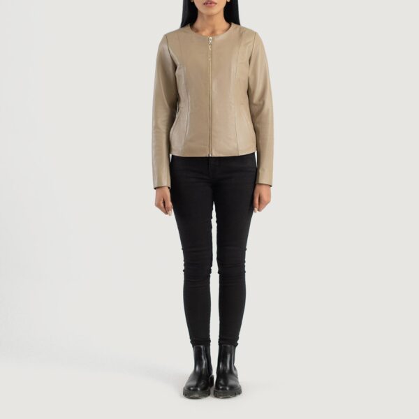 Elixir Beige Collarless Leather Jacket - Image 3