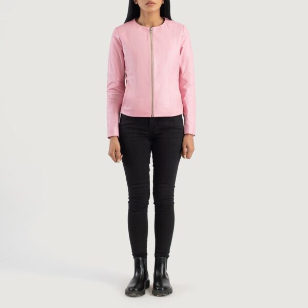 Elixir Pink Collarless Leather Jacket - Image 3