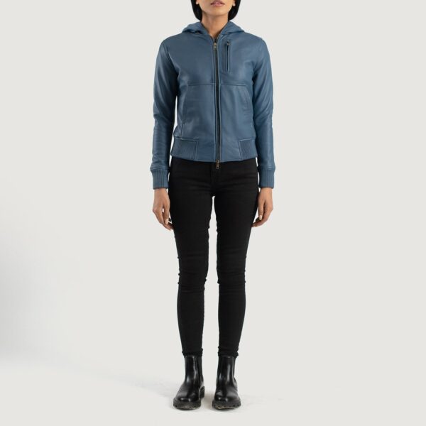 Luna Blue Hooded Leather Bomber Jacket - Image 3