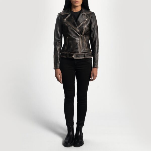 Rumy Distressed Brown Leather Biker Jacket - Image 3