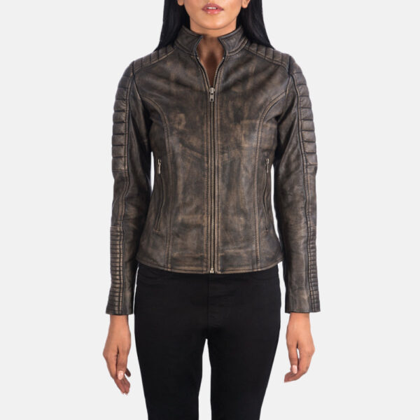 Adalyn Quilted Distressed Brown Leather Biker Jacket - Image 4