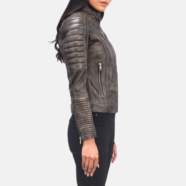 Adalyn Quilted Distressed Brown Leather Biker Jacket - Image 2