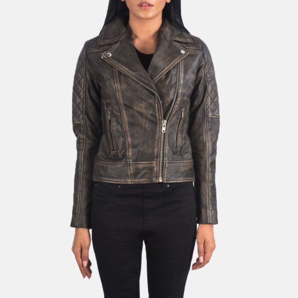 Carolyn Quilted Distressed Brown Biker Jacket - Image 4
