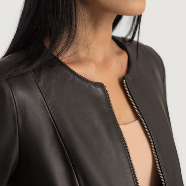 Elixir Brown Collarless Leather Jacket - Image 6
