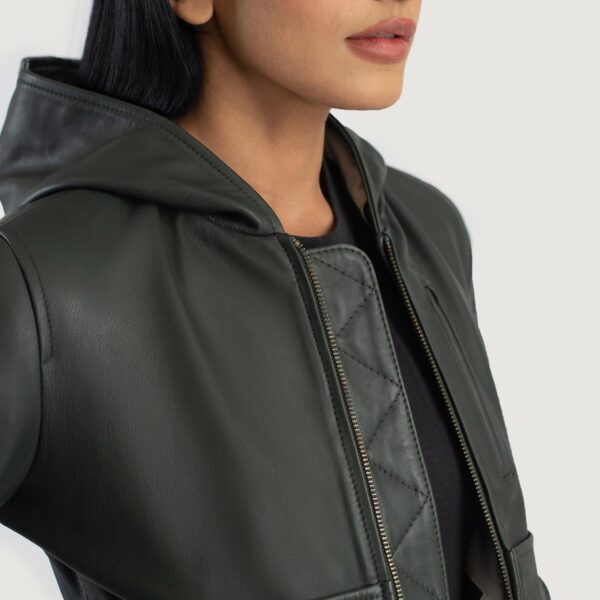 Luna Green Hooded Leather Bomber Jacket - Image 6