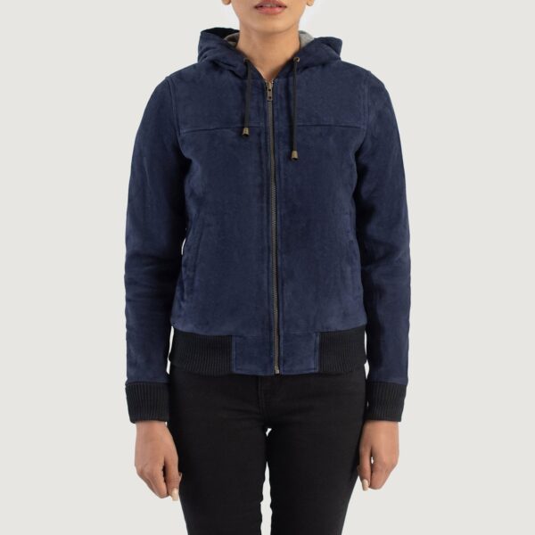 Rebella Blue Hooded Suede Bomber Jacket - Image 4