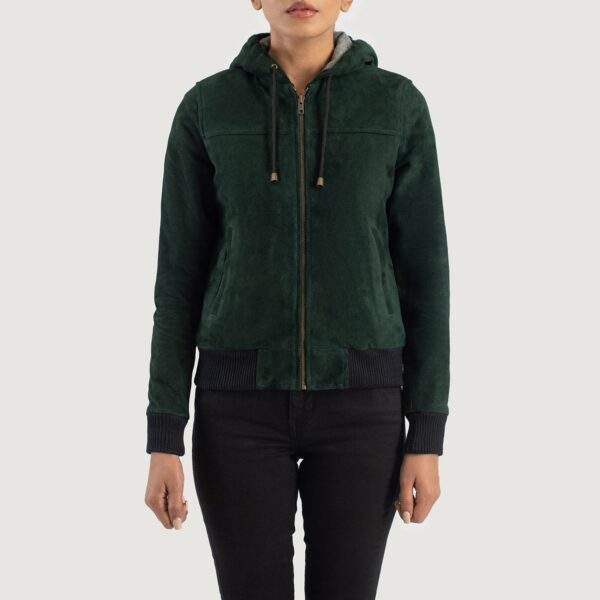 Rebella Green Hooded Suede Bomber Jacket - Image 4
