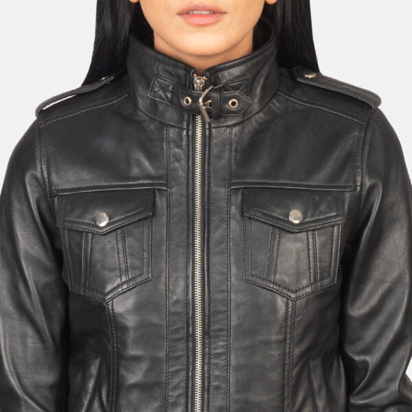 Roslyn Black Hooded Leather Bomber Jacket - Image 6
