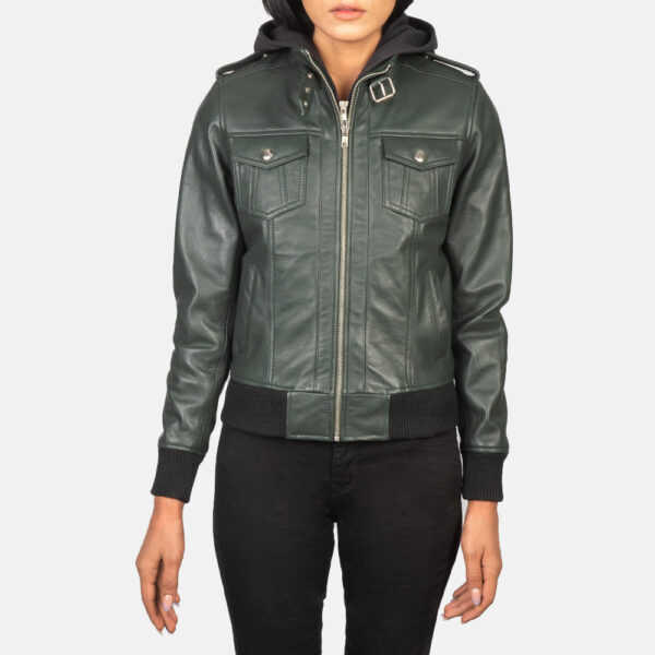 Roslyn Green Hooded Leather Bomber Jacket - Image 4