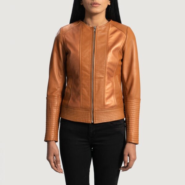 Sleeky Clean Tan Leather Biker Jacket - Image 4