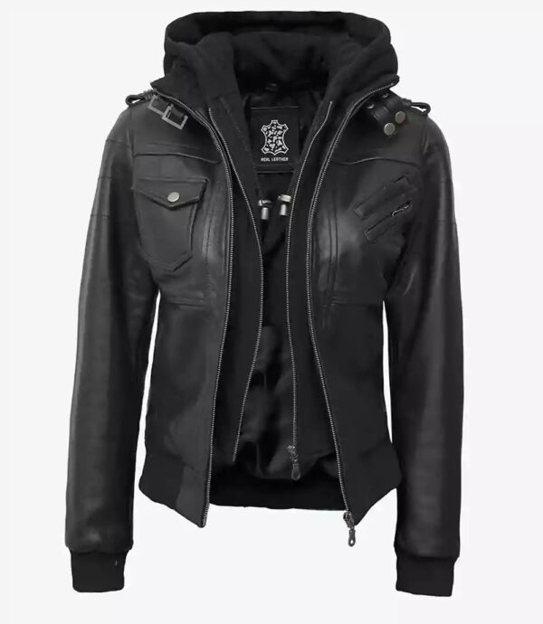 Edinburgh Women's Bomber Black Leather Jacket with Removable Hood - Image 2