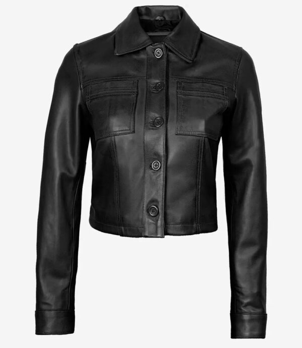 Mable Women's Black Cropped Harrington Leather Jacket - Image 3