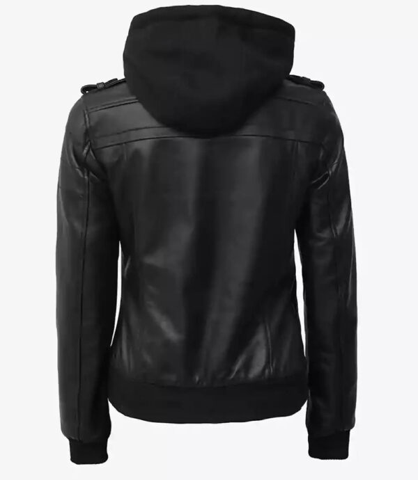 Edinburgh Women's Bomber Black Leather Jacket with Removable Hood - Image 3