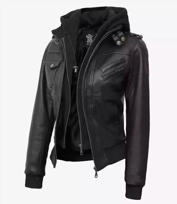 Edinburgh Women's Bomber Black Leather Jacket with Removable Hood
