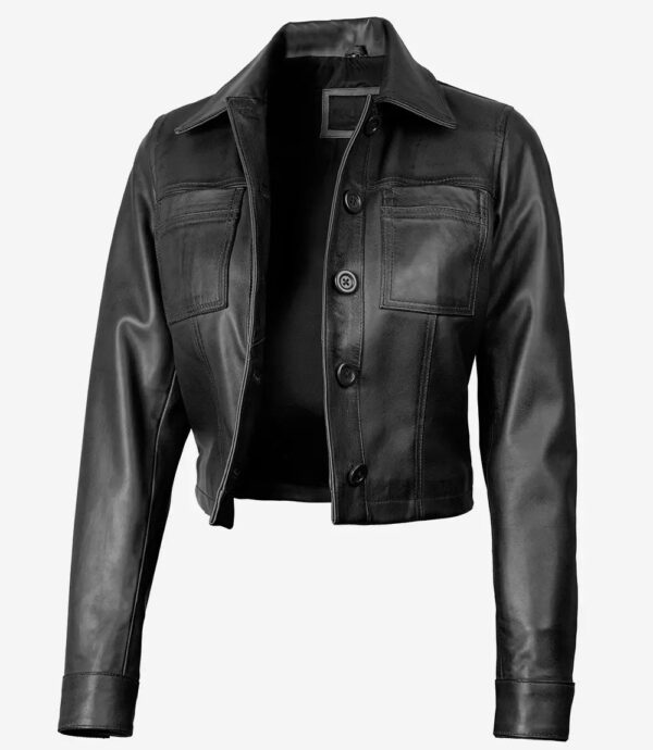 Mable Women's Black Cropped Harrington Leather Jacket - Image 2