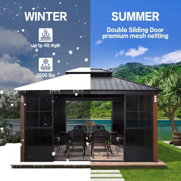 Hardtop Gazebo For Patio Screen House Backyard Sunroom With LED Lights Outdoor Aluminum Solarium Canopy 12′ x 14′ - Image 39