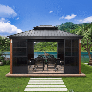 Hardtop Gazebo For Patio Screen House Backyard Sunroom With LED Lights Outdoor Aluminum Solarium Canopy 12′ x 14′