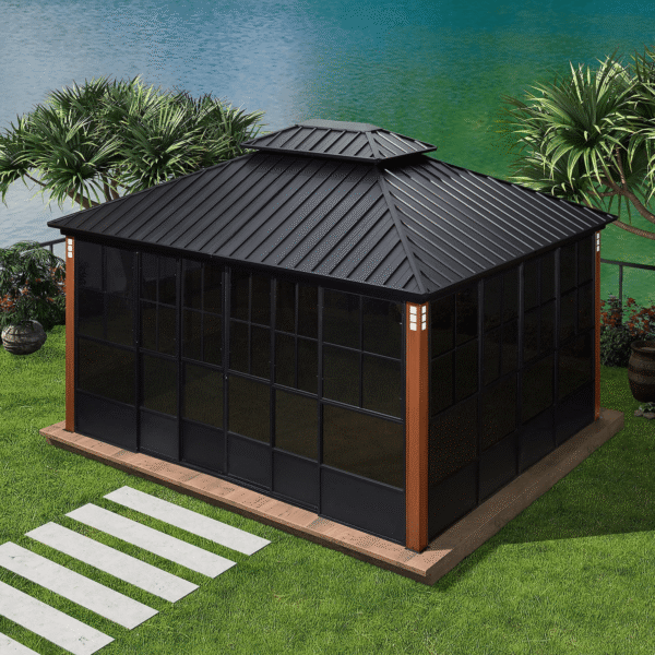 Hardtop Gazebo For Patio Screen House Backyard Sunroom With LED Lights Outdoor Aluminum Solarium Canopy 12′ x 14′ - Image 3