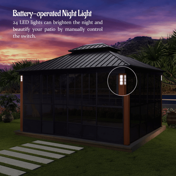 Hardtop Gazebo For Patio Screen House Backyard Sunroom With LED Lights Outdoor Aluminum Solarium Canopy 12′ x 14′ - Image 4