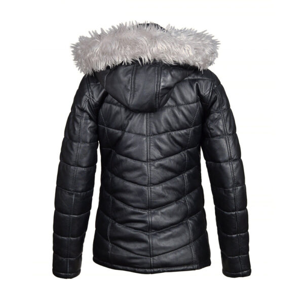 Snow’s Winter Puffer Leather Jacket With Fur Trimmed Hoodie - Image 2