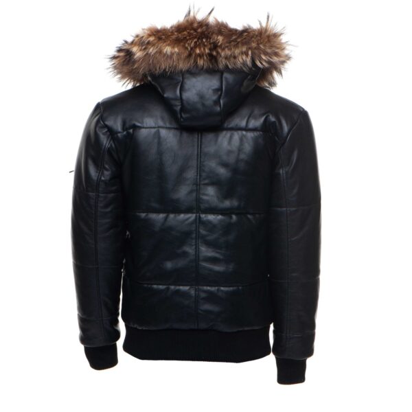 Traynor’s Puffer Winter Leather Jacket with ribbed cuffs and waist and fur trim hoodie - Image 2
