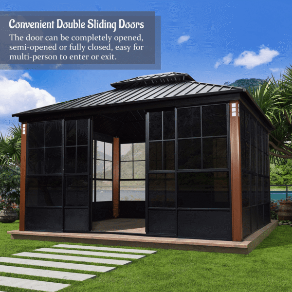 Hardtop Gazebo For Patio Screen House Backyard Sunroom With LED Lights Outdoor Aluminum Solarium Canopy 12′ x 14′ - Image 5