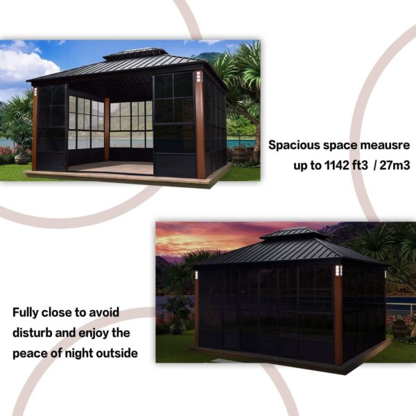 Hardtop Gazebo For Patio Screen House Backyard Sunroom With LED Lights Outdoor Aluminum Solarium Canopy 12′ x 14′ - Image 44