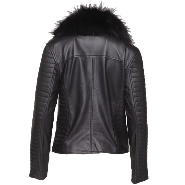 Amarah’s Large Fur Shawl leather jacket with ribbed sleeve detailing - Image 2