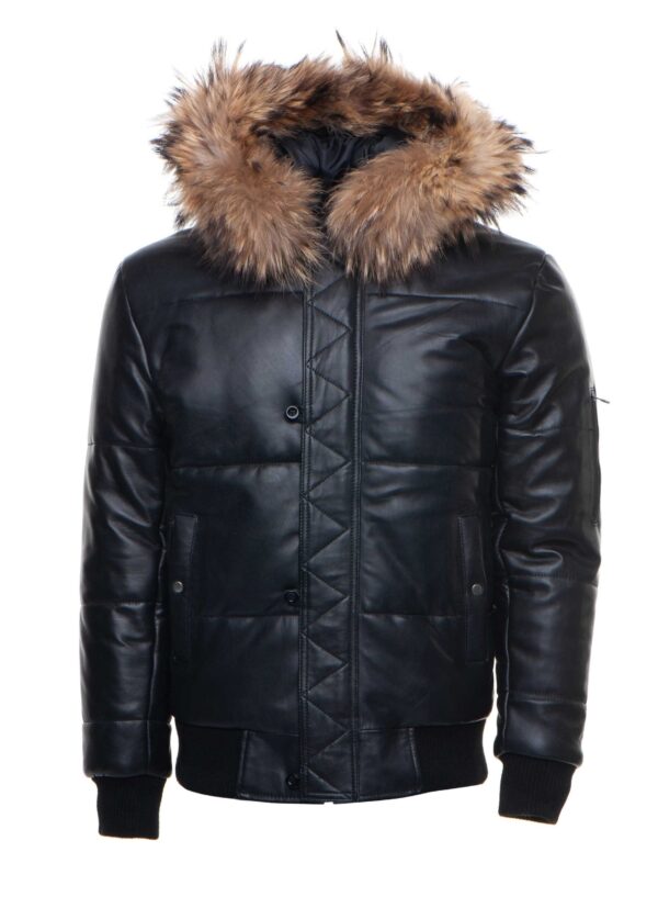 Traynor’s Puffer Winter Leather Jacket with ribbed cuffs and waist and fur trim hoodie - Image 4