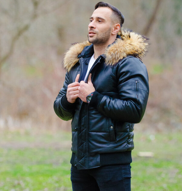 Traynor’s Puffer Winter Leather Jacket with ribbed cuffs and waist and fur trim hoodie - Image 3