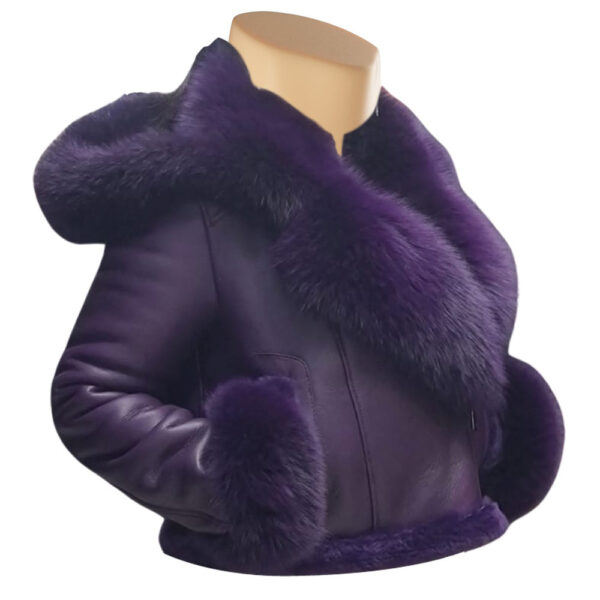 Sierra’s Purple Sheepskin Shearling Crop Jakcet with hoodie and Fox Fur - Image 2